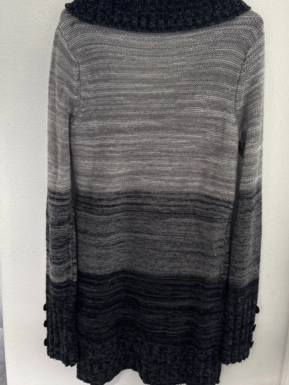 Say What? Gray Ombre V-Neck Sweater with Buttoned Shawl Collar - Picture 3 of 5